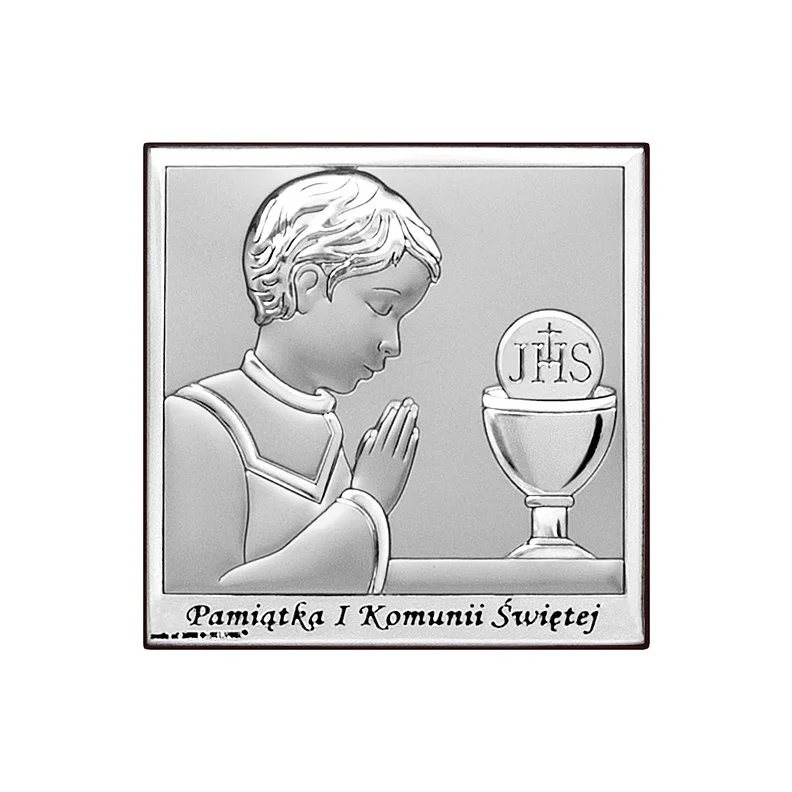 Pamiątka komunijna dla chłopca obrazek srebrny z grawerem Beltrami