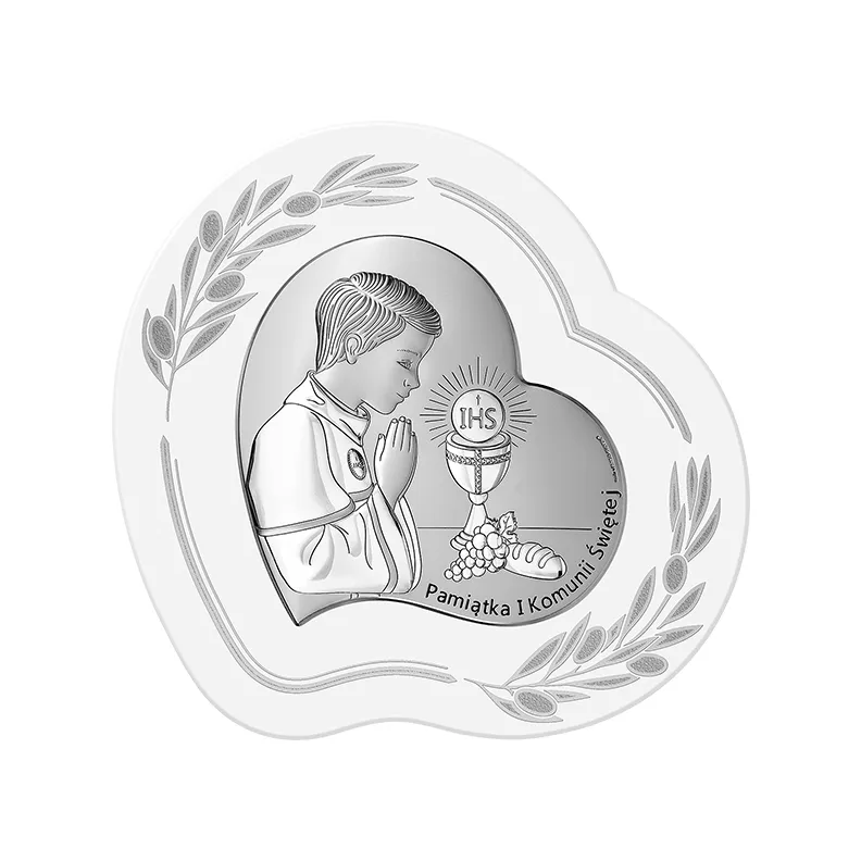 Pamiątka komunijna dla chłopca obrazek srebrny na panelu z grawerem Beltrami