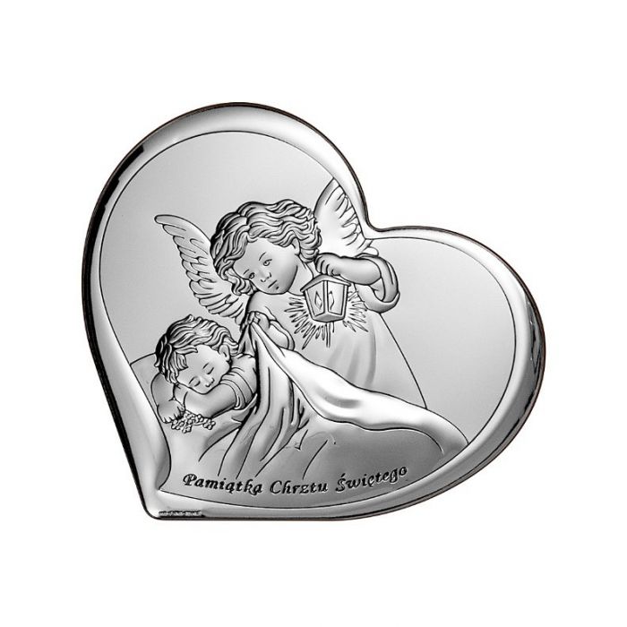 Aniołek nad dzieckiem Obrazek srebrny z aniołkiem z grawerem Beltrami