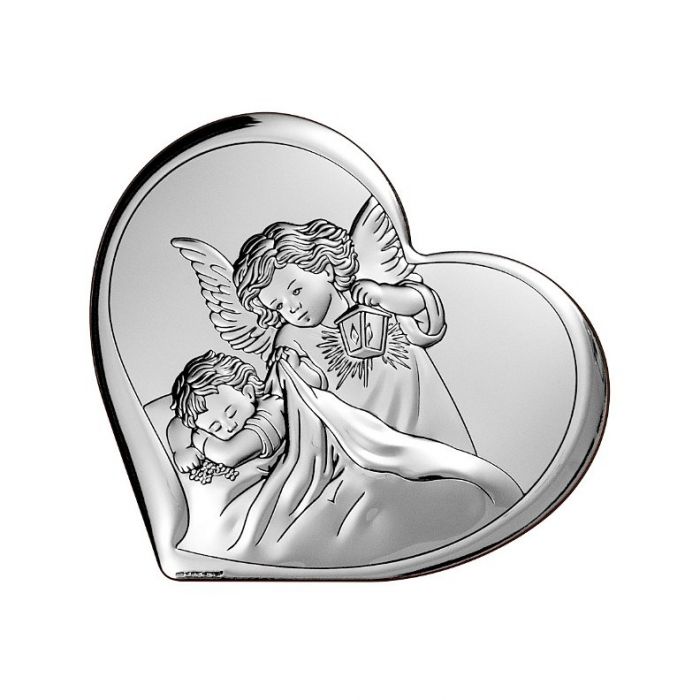 Aniołek nad dzieckiem Obrazek srebrny z aniołkiem z grawerem Beltrami