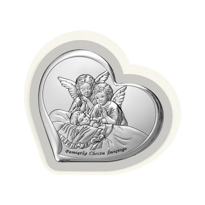 Aniołki nad dzieckiem Obrazek srebrny z grawerem Beltrami