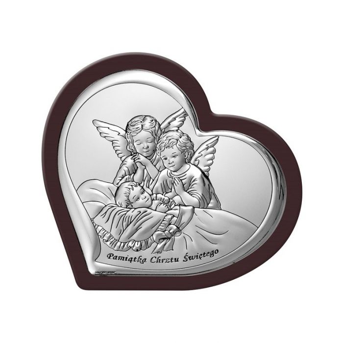 Aniołki nad dzieckiem Obrazek srebrny z grawerem Beltrami