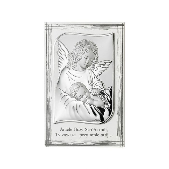 Aniołek nad dzieckiem Obrazek srebrny z grawerem Valenti & Co