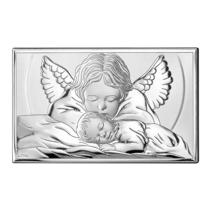 Aniołek nad dzieckiem Srebrny obrazek na Chrzest z grawerem Valenti & Co