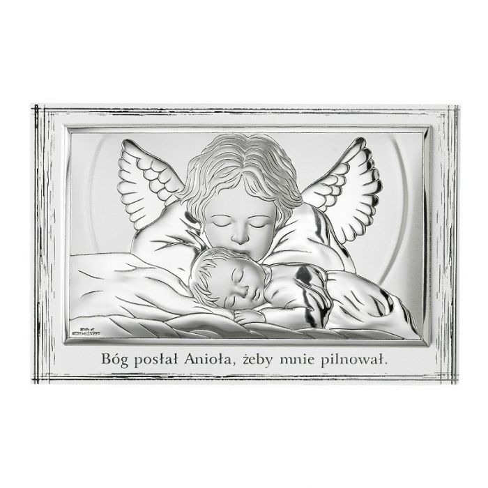 Aniołek nad dzieckiem Obrazek srebrny z aniołkiem z grawerem Valenti & Co