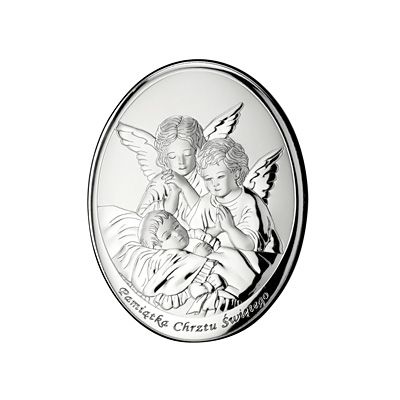 Aniołki nad dzieckiem Obrazek srebrny z grawerem Mida Argenti