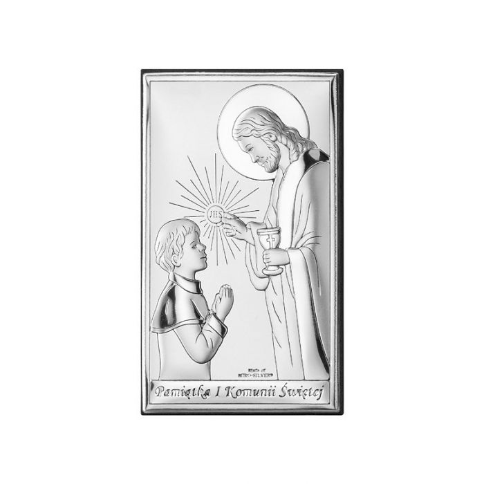 Pamiątka komunijna dla chłopca obrazek srebrny z grawerem Valenti & Co