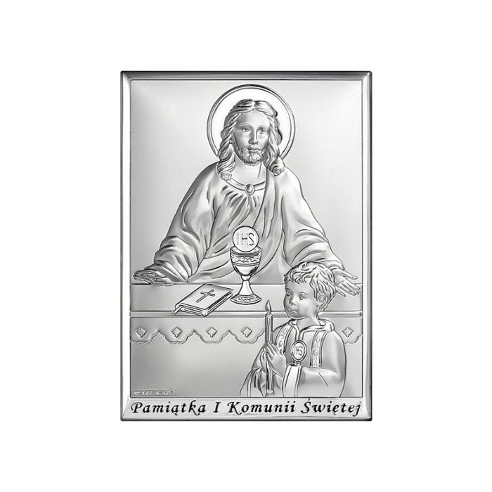Pamiątka komunijna dla chłopca obrazek srebrny z grawerem Beltrami