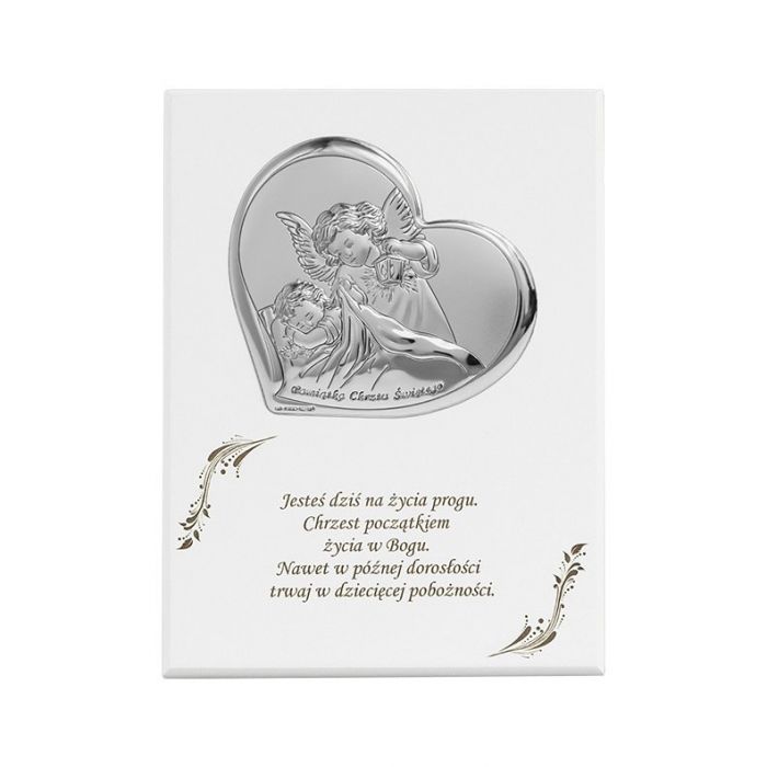 Aniołek nad dzieckiem Obrazek srebrny na panelu z grawerem Beltrami