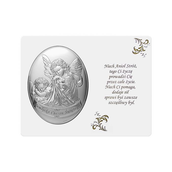 Aniołek nad dzieckiem Obrazek srebrny na panelu z grawerem Valenti & Co