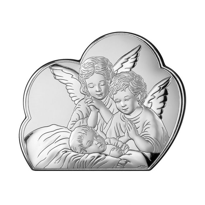 Aniołki nad dzieckiem Obrazek srebrny z grawerem Valenti & Co
