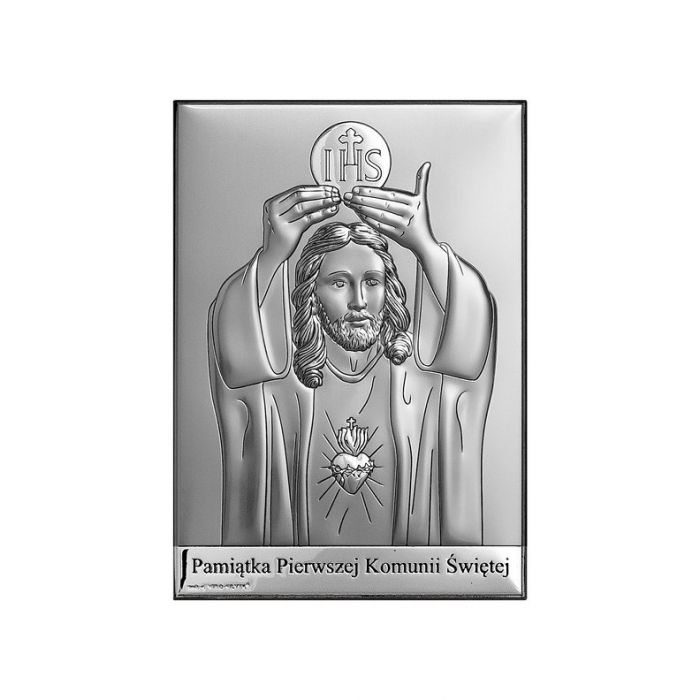 Chrystus z Hostią Obrazek srebrny na Komunię z grawerem Beltrami