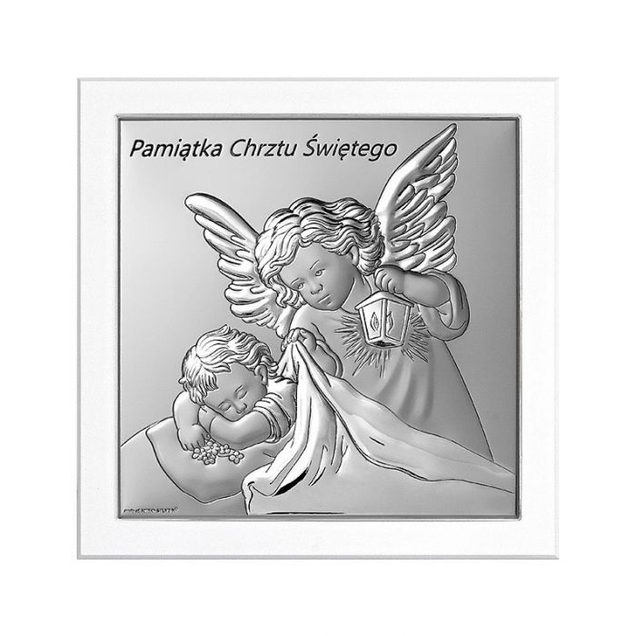 Aniołek z latarenką Srebrny obrazek na Chrzest z grawerem Beltrami