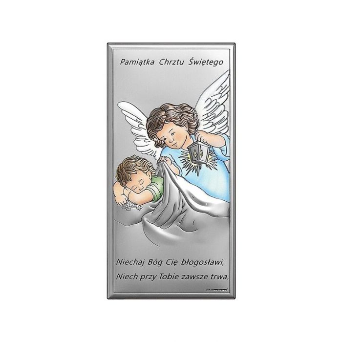 Aniołek nad dzieckiem Obrazek srebrny na Chrzest z grawerem Beltrami