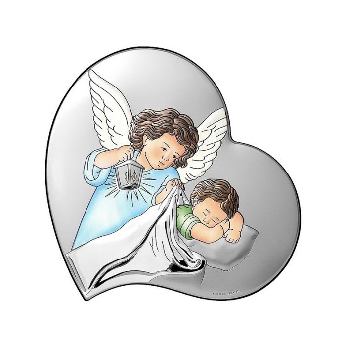 Obrazek srebrny z aniołkiem Pamiątka Chrztu Świętego z grawerem Beltrami