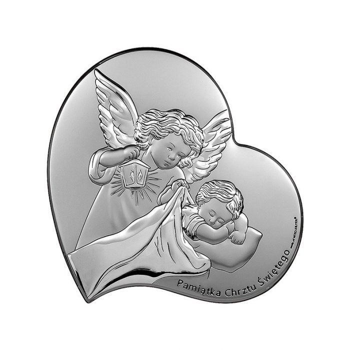 Obrazek srebrny z aniołkiem Pamiątka Chrztu Świętego z grawerem Beltrami