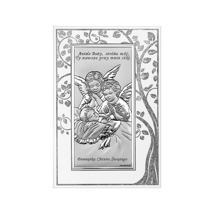 Aniołek nad dzieckiem Obrazek srebrny na Chrzest z grawerem Beltrami