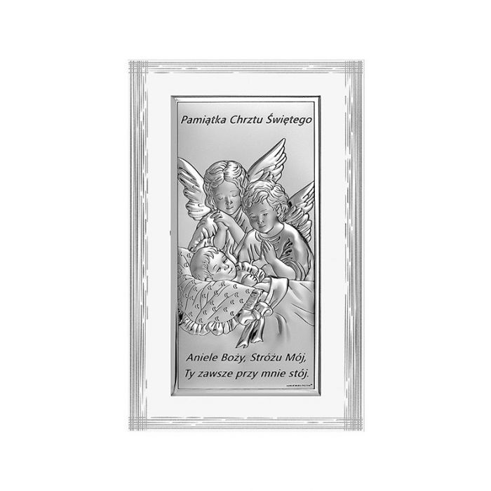 Aniołek nad dzieckiem Obrazek srebrny z grawerem Beltrami
