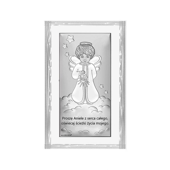 Aniołek z latarenką Obrazek srebrny na Chrzest z grawerem Beltrami