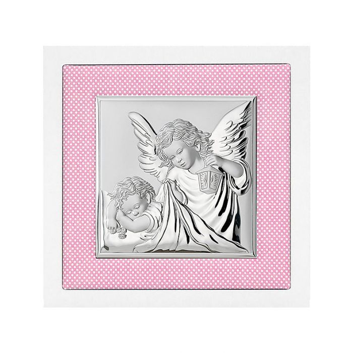 Srebrny obrazek aniołki nad dzieckiem na różowej poduszce z grawerem Valenti & Co