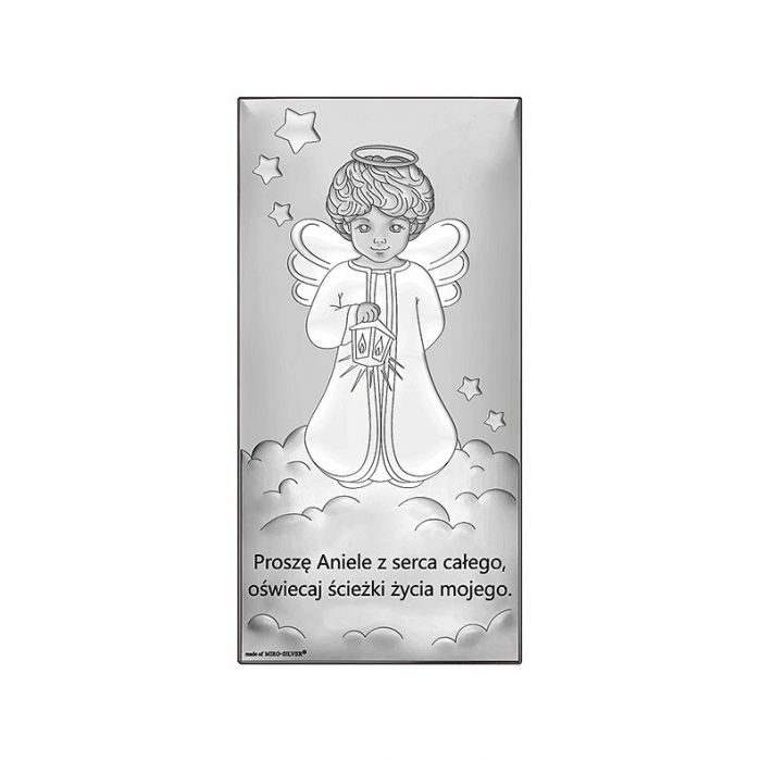 Aniołek z latarenką Obrazek srebrny z grawerem Beltrami