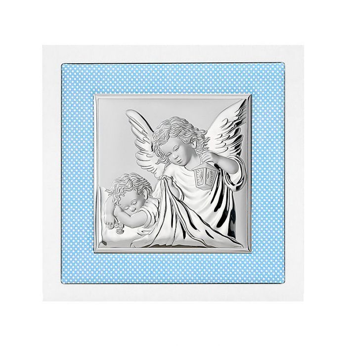 Srebrny obrazek aniołki nad dzieckiem na niebieskiej poduszce z grawerem Valenti & Co