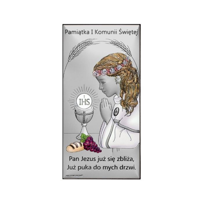 Pamiątka komunijna dla dziewczynki kolorowy obrazek srebrny z grawerem Beltrami