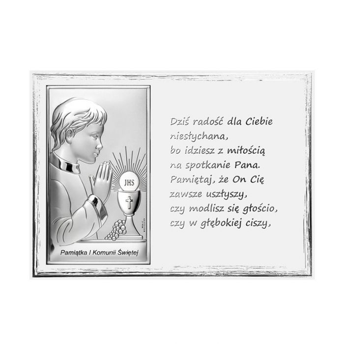 Pamiątka I Komunii dla Chłopca panel ze srebrnym obrazkiem z grawerem Valenti & Co