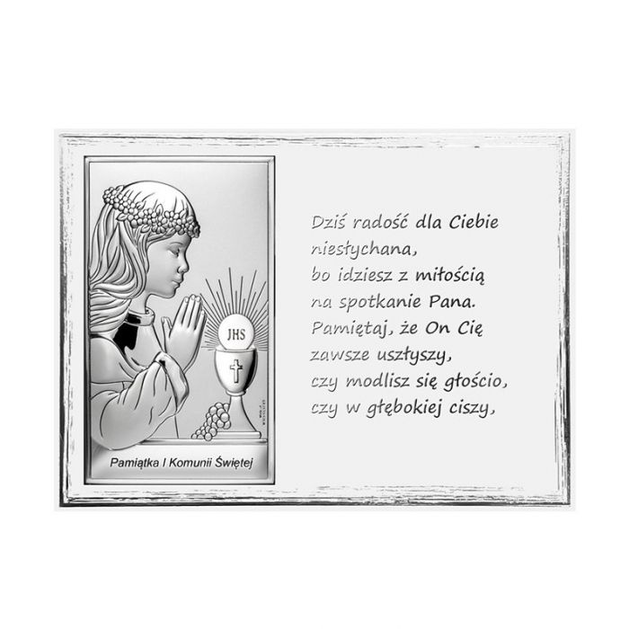 Pamiątka I Komunii dla Dziewczynki panel ze srebrnym obrazkiem z grawerem Valenti & Co