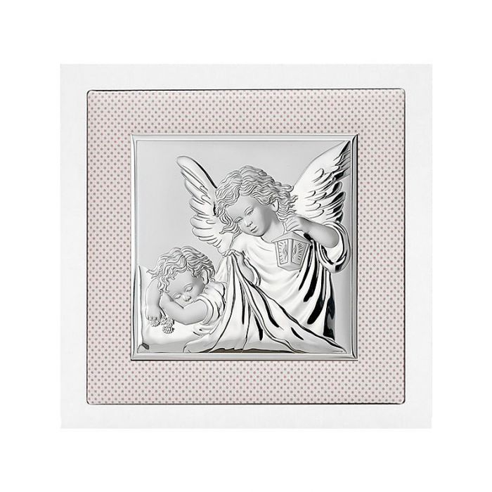Srebrny obrazek aniołki nad dzieckiem na beżowej poduszce z grawerem Valenti & Co