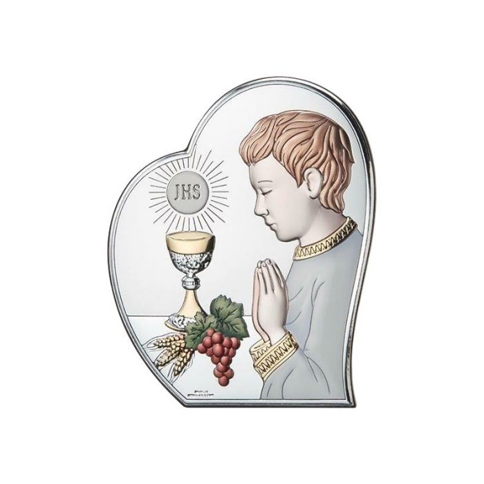 Obrazek srebrny komunijny dla chłopca srebrna pamiątka z grawerem Valenti & Co
