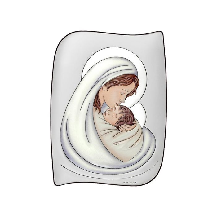 Matka Boża z dzieciątkiem Obrazek srebrny kolorowy z grawerem Beltrami
