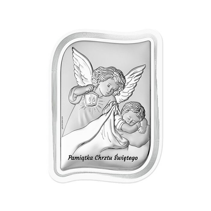 Aniołek nad dzieckiem Obrazek srebrny z białą ramką z grawerem Beltrami