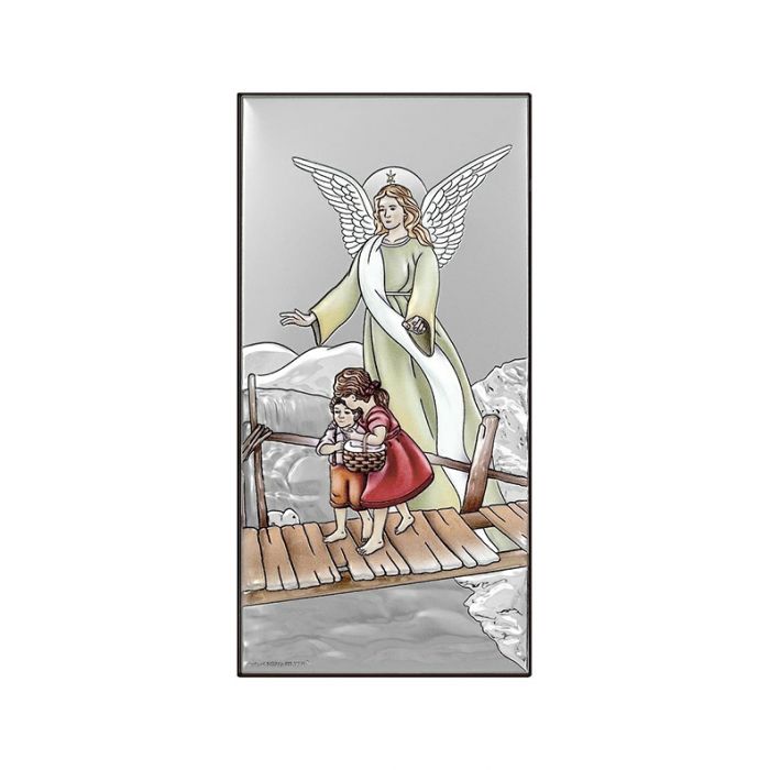 Anioł Stróż nad dziećmi Obrazek srebrny kolorowy z grawerem Beltrami