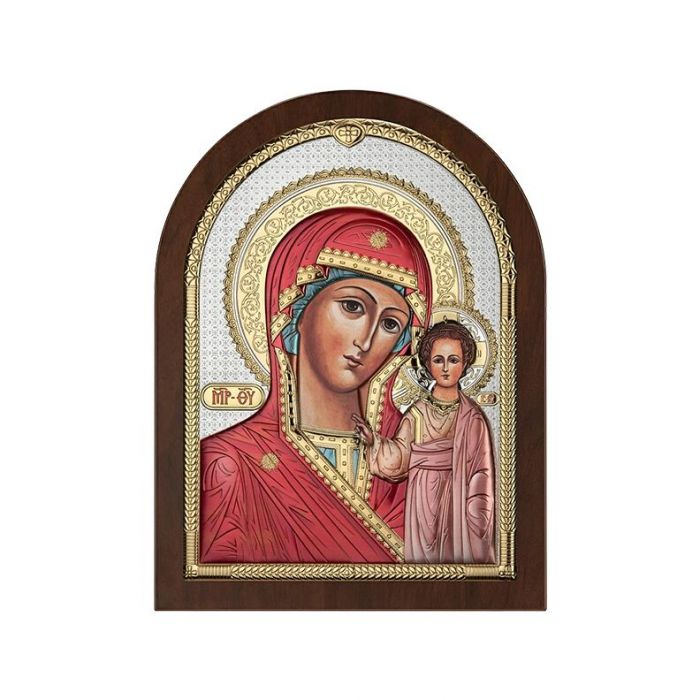 Matka Boska Kazańska ikona srebrna kolorowa z grawerem Beltrami