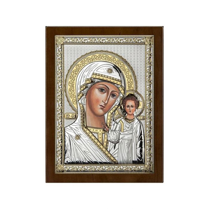Matka Boska Kazańska ikona srebrna złocona z grawerem Beltrami