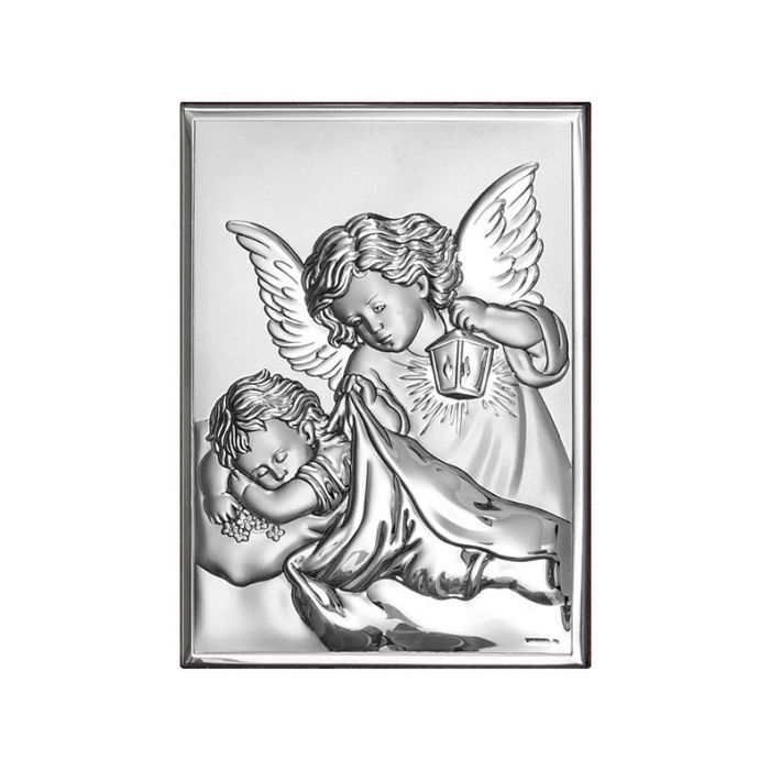 Aniołek nad dzieckiem Obrazek na Chrzest, Komunię z grawerem Beltrami