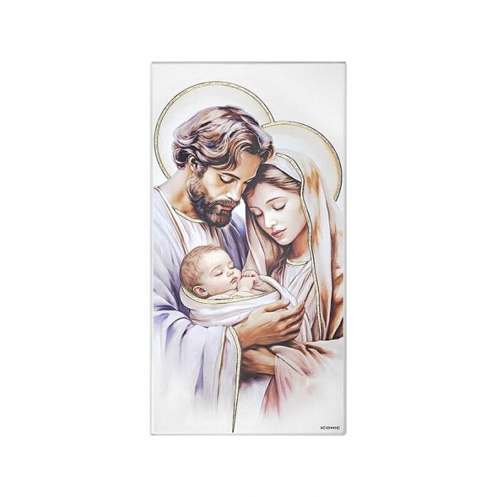 Św. Rodzina obrazek malowany na białym drewnie ze złoceniami z grawerem Iconic