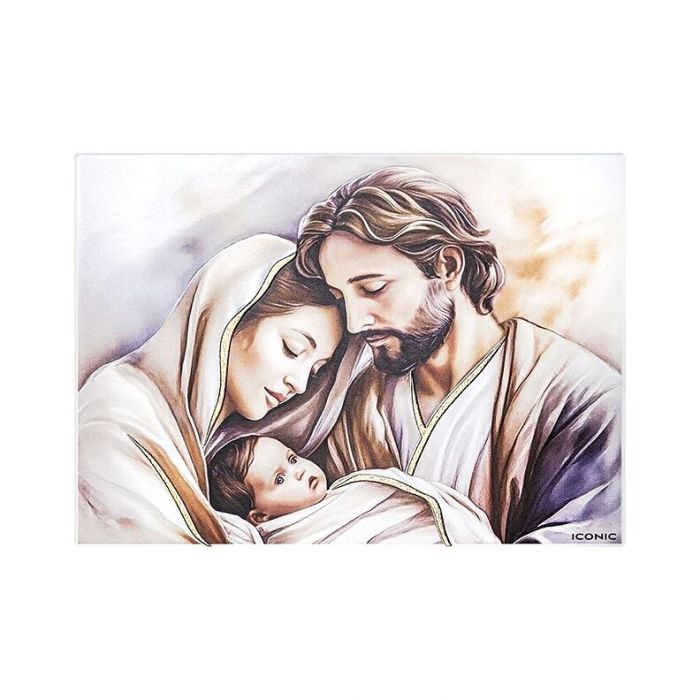 Św. Rodzina obrazek malowany na białym drewnie ze złoceniami z grawerem Iconic