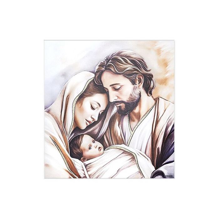 Św. Rodzina obrazek malowany na białym drewnie ze złoceniami z grawerem Iconic
