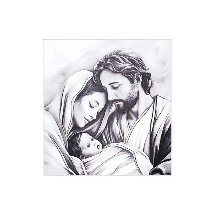Św. Rodzina obrazek malowany na białym drewnie ze złoceniami z grawerem Iconic