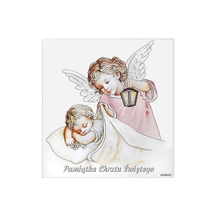 Anioł Stróż obrazek na drewnie pamiątka na Chrzest dla dziewczynki z grawerem Iconic