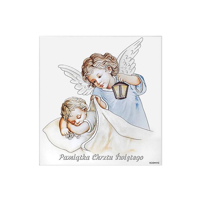 Anioł Stróż obrazek na drewnie pamiątka na Chrzest dla chłopca z grawerem Iconic