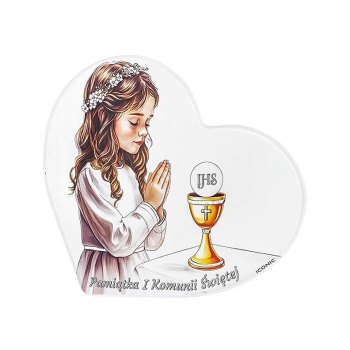 Obrazek na Komunię dla dziewczynki malowany na drewnie z grawerem Iconic