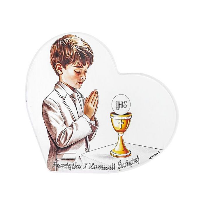 Obrazek na Komunię dla chłopca malowany na drewnie z grawerem Iconic