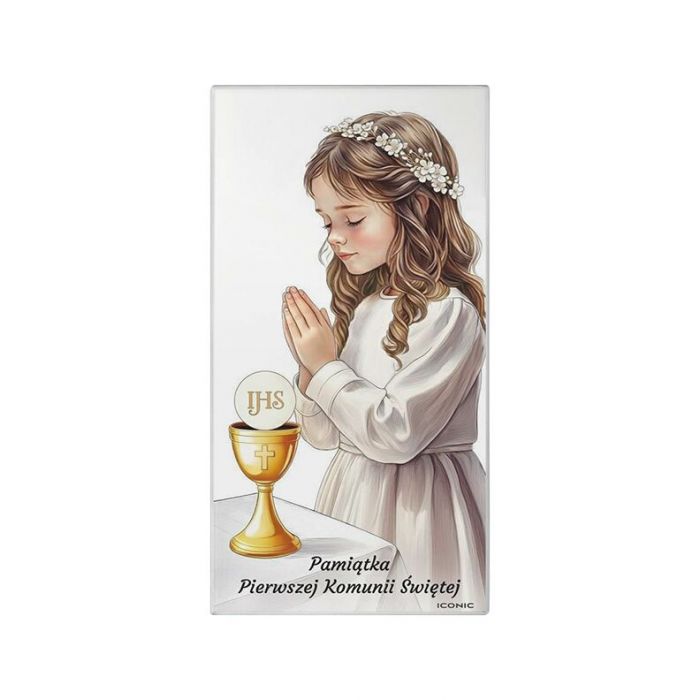 Pamiątka na Komunię dla dziewczynki obrazek na drewnie z grawerem Iconic