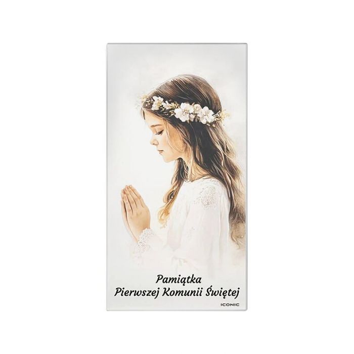 Pamiątka na Komunię dla dziewczynki obrazek na drewnie z grawerem Iconic