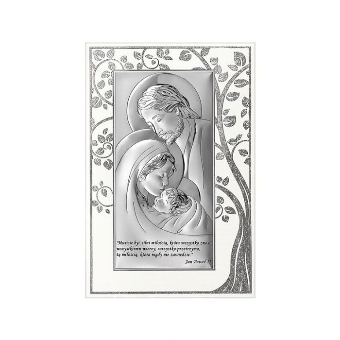 Święta Rodzina z cytatem obraz srebrny na białym panelu z grawerem Beltrami