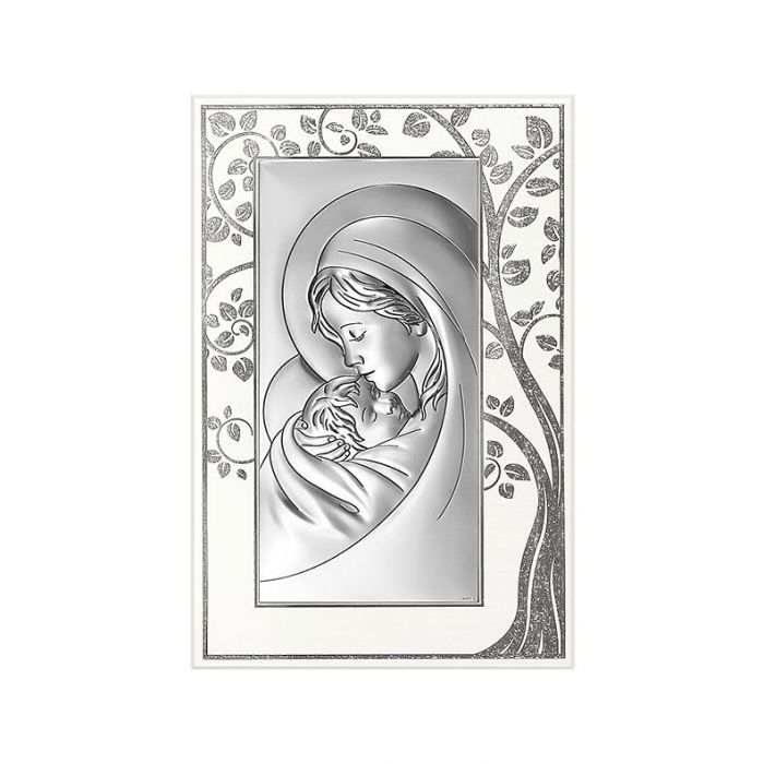 Matka Boża z drzewkiem szczęścia ikona na białym panelu z grawerem Beltrami