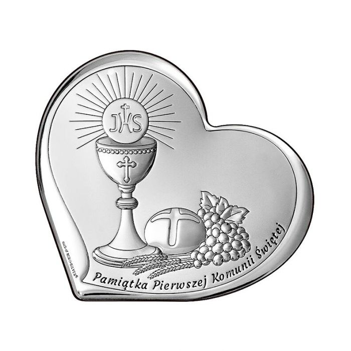 Obrazek srebrny na komunię w sercu srebrna pamiątka z grawerem Beltrami